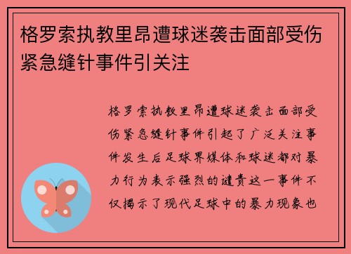 格罗索执教里昂遭球迷袭击面部受伤紧急缝针事件引关注